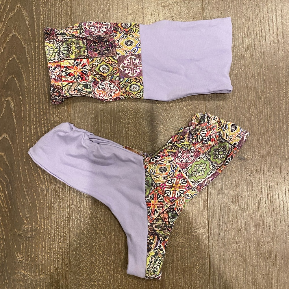 San Lorenzo strapless bikini top and high V cut bikini bottoms